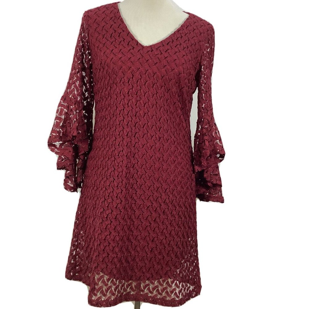 MADISON LEIGH Dress size 10 Burgundy Red Black Lace Shift Bell Sleeve Lined